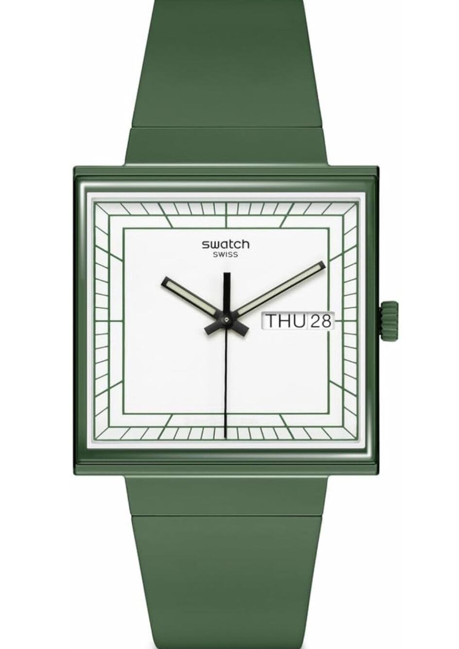 SWATCH Watch WHAT IF? Green Bioceramic Square Swiss Day Date Working w/ Box